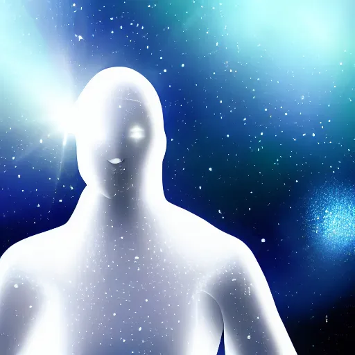 Image similar to a human glowing with bright white light, floating in the space