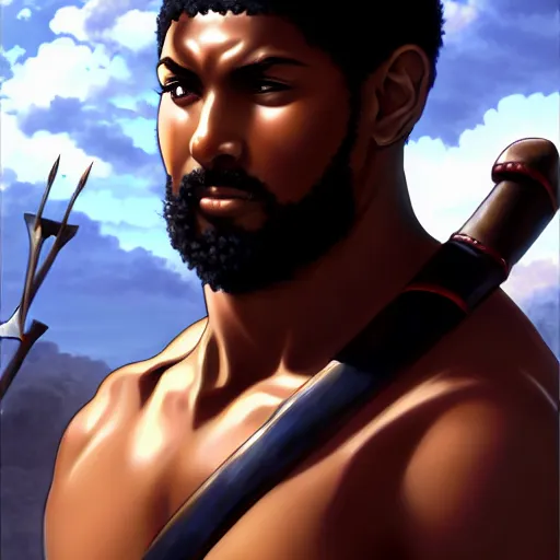 Prompt: card art of a roman gladiator man with black skin, makoto shinkai, very detailed, realistic face, detailed face, matte, tonemapping, bbwchan, perfection, 4K, William-Adolphe Bouguereau