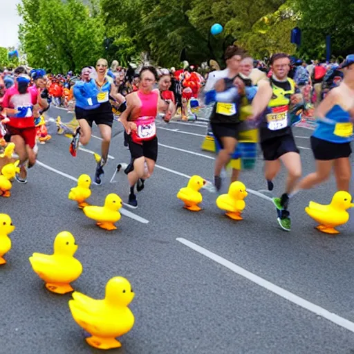 Prompt: rubber ducks racing in a marathon