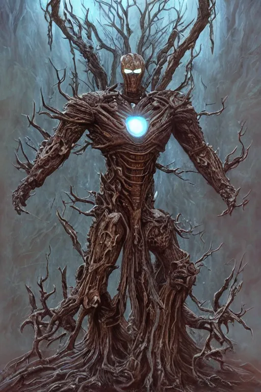 Prompt: full body concept art of Treebeard wearing iron man armor made with porcelain by Jeff Easley and Peter Elson + beautiful eyes, beautiful face + symmetry face + galaxy + gothic, surreal, dread + highly detailed, intricate complexity, epic composition, magical atmosphere + masterpiece, award winning + trending on artstation