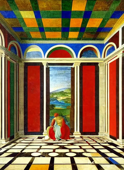 Image similar to renaissance painting of a room in central perspective marble checkered floor and bright colors, geometrically precise in the style of piero della francesca, primary colors, happy color palette