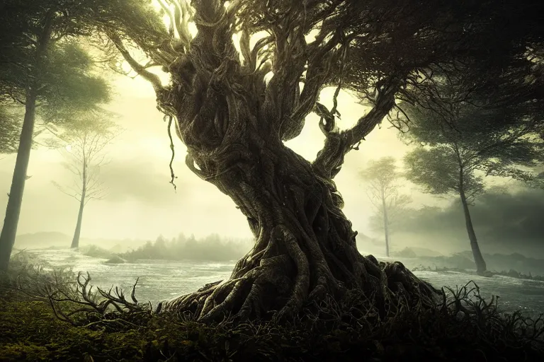 Image similar to an ultra realistic, cinematic headshot portrait, of an evil tree wizard, background of a vast serene landscape, with trees and rivers, detailed, deep focus, movie still, dramatic lighting, ray tracing, by michal karcz and yoshitaka amano