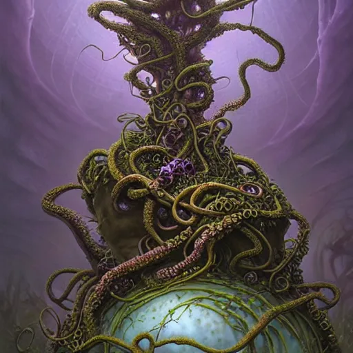 Image similar to On a domed structure made of tentacled rock vines, there is an orc fused and blended with the vines, a purple crystal pulsing in his chest, orc on vines, orc fused with vines, orc merged with vines, Peter Mohrbacher, Beksiński and Jeff Easley, artwork by Peter Mohrbacher, Zdzisław Beksiński and Jeff Easley