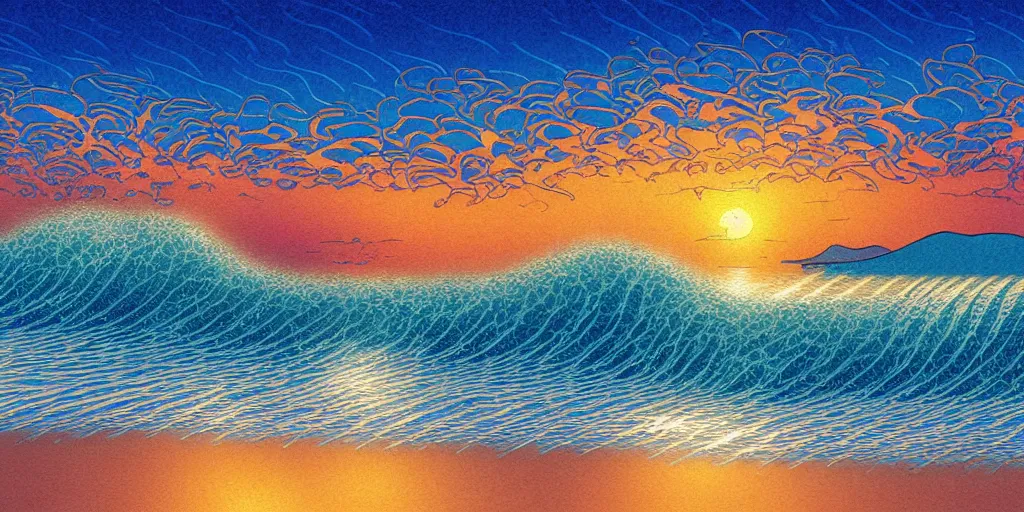 Prompt: Breath-taking beautiful beach, sunset, clouds and waves, An aesthetically pleasing, dynamic, energetic, lively, complex, intricate, detailed, well-designed digital art of a beach, ripples, waves, sea foam, light and shadow, overlaid with aizome patterns, Shin-hanga by Thomas Kinkade and Bob Ross, traditional Japanese colors, superior quality, masterpiece, featured, trending, award winning, HDR, HD, UHD, 4K, 8K, anamorphic widescreen