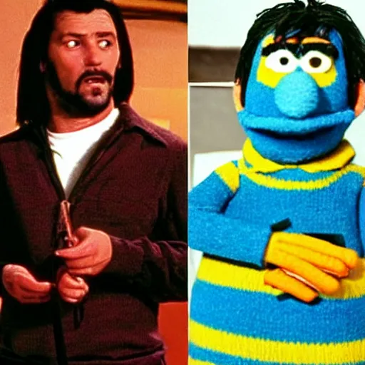 Image similar to Vincent and Jules from Pulp Fiction replaced by Bert and Ernie