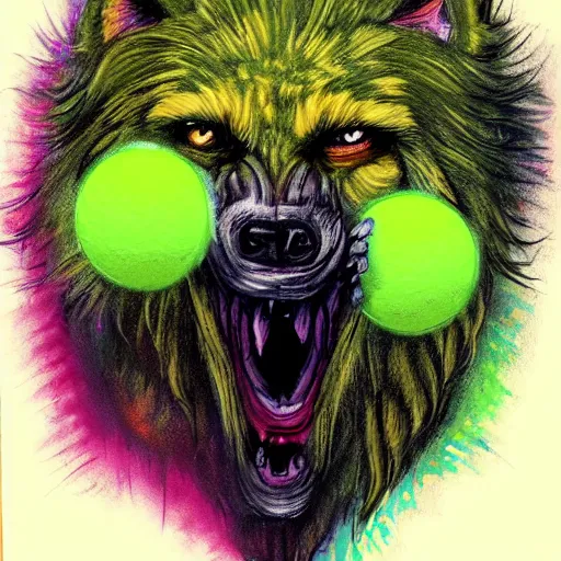 Image similar to a tennis ball monster, wolf, werewolf, star wolf, digital art, fantasy, magic, chalk, trending on artstation, ultra detailed, professional illustration by basil gogos