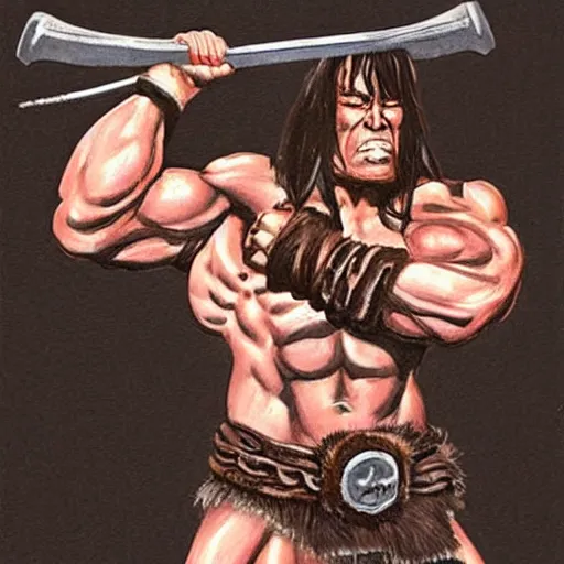 Image similar to concept art conan the barbarian doing bicep curls with heavy weight