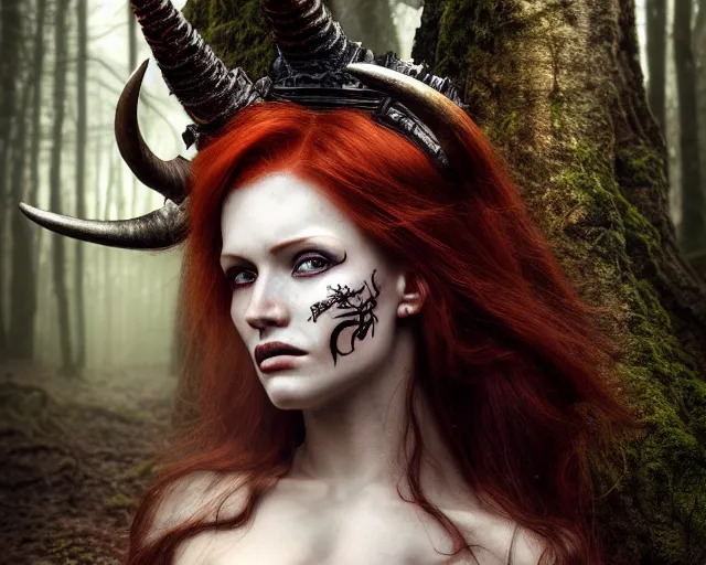 Image similar to 5 5 mm portrait photo of an armored gorgeous anesthetic redhead woman warrior with a face tattoo and horns growing from her head, in a magical forest in the style of stefan kostic, art by luis royo. highly detailed 8 k. intricate. lifelike. soft light. nikon d 8 5 0. cinematic post - processing