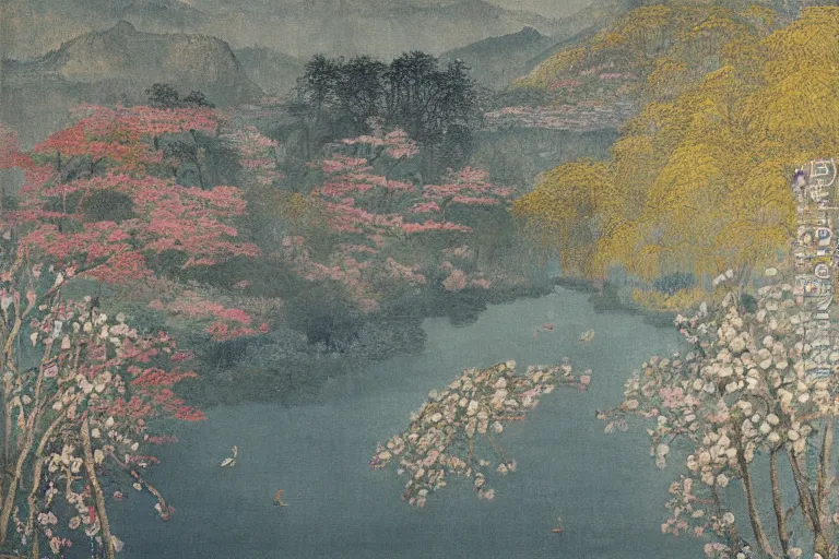 Image similar to an ultradetailed landscape painting of scenic westlake in china hangzhou, light yellow may flowers blossoms nearby, pagodas faraway, autumn wind, chinese water color, smooth, by hilma af klint