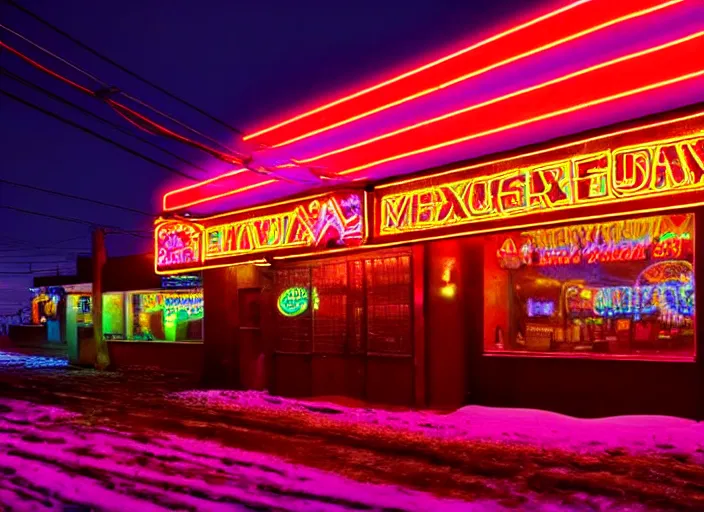 Prompt: photo of a mexican restaurant, neon lights, in a flat snowy field. 35mm. Very detailed 8k. Sharp. Cinematic post-processing. Unreal engine. Ray tracing. Parallax. Tessellation