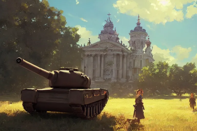 Image similar to a tank which looks like a ornate baroque church, scene in an open field. key visual, conceptart, ambient lighting, highly detailed, digital painting, artstation, concept art, sharp focus, by makoto shinkai and akihiko yoshida and greg manchess