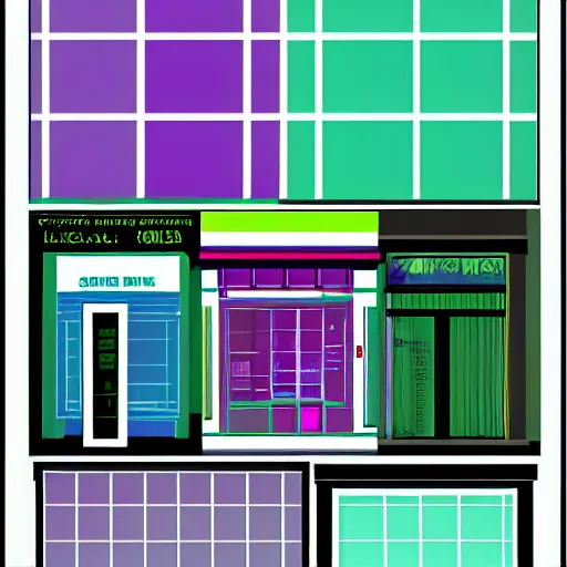 Prompt: geometric storefront light green, light blue, light yellow, light purple, digital art