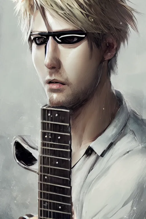 Image similar to blonde wild hair anime boy with eye - patch playing fender stratocaster, close - up portrait, plain white tshirt, powerfull, intricate, elegant, volumetric lighting, scenery, digital painting, highly detailed, artstation, sharp focus, illustration, concept art, ruan jia, steve mccurry