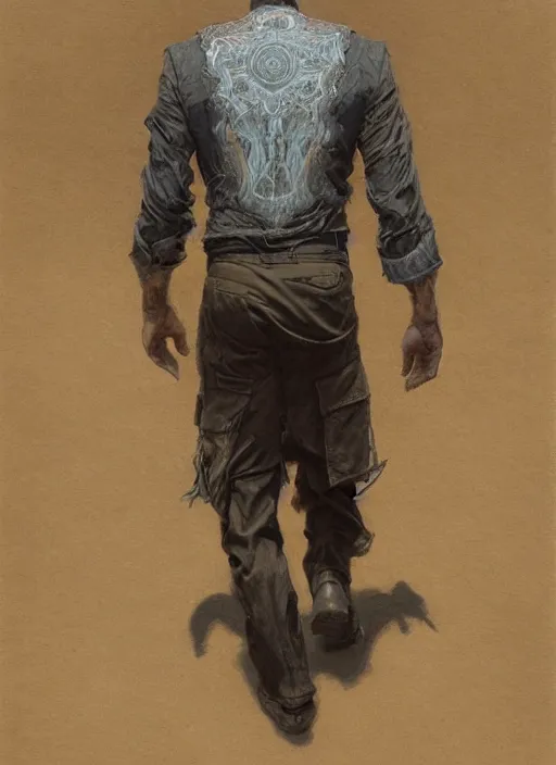 Image similar to darkhaired man seen from behind wearing shirt, head and shoulders, intricate, highly detailed, centered, digital painting, artstation, concept art, smooth, sharp focus, illustration, art by james gurney and donato giancola and greg rutkowski