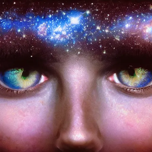 Image similar to photo portrait of woman face with galaxies reflected inside her eyes, by Steve McCurry