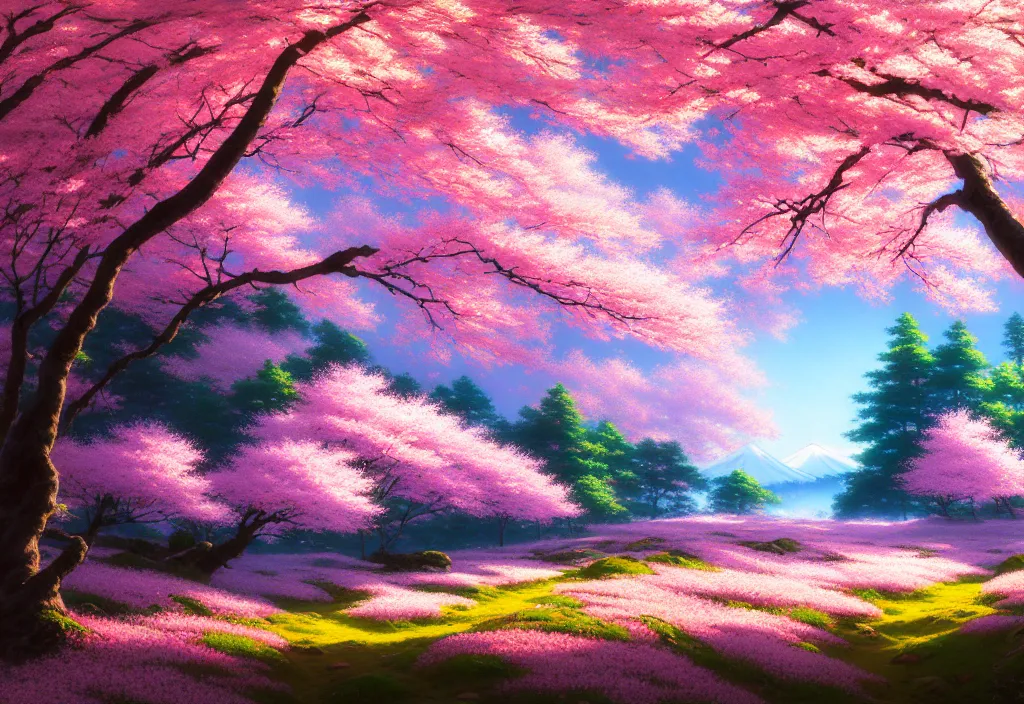 Image similar to a real photographic landscape painting with incomparable reality, wide angle, in forest, flowers, cherry blossom tree in full bloom, bright style, mount fuji, clearing, magnificent, artstation, art by makoto shinkai