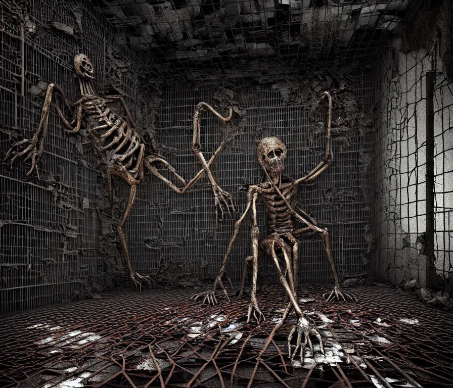 Image similar to creepy huge suffering humanoid with long limbs sits on the floor. An underground very dark gloomy multi-layered structure of rusty thick iron grates, dense chain-link fencing and peeling walls. Inside view, collapsed floors, bent rusted iron, masterpiece, black background, corners, cinematic, hyperdetailed, photorealistic, hyperrealism, octane render, 8k, depth of field, bokeh, architecture, shadows, art by Zdzisław Beksiński, Dariusz Zawadzki