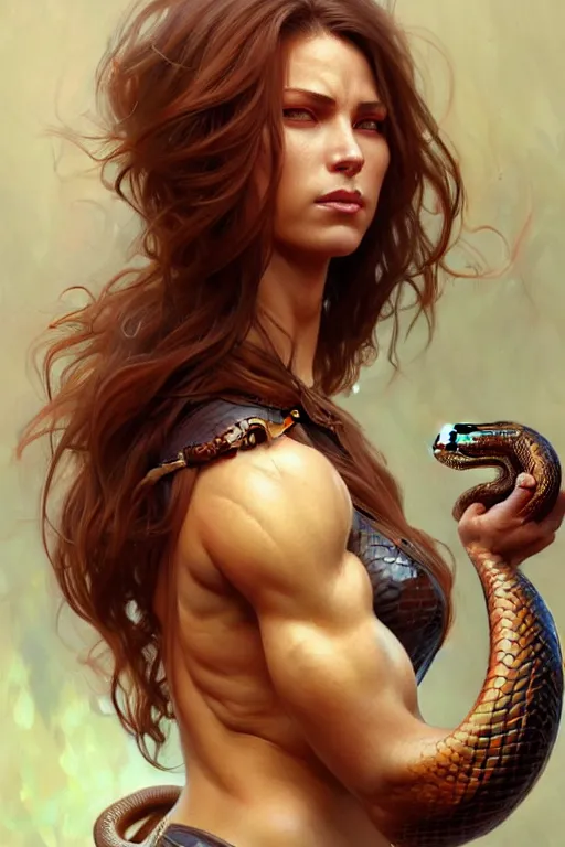 Image similar to Muscular woman fighting with snake, beautiful portrait, fantasy, amber eyes, face, long hair, intricate, elegant, highly detailed, digital painting, artstation, concept art, smooth, sharp focus, illustration, art by artgerm and greg rutkowski and alphonse mucha