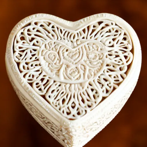 Image similar to intricate heart delicately carved into large block of ivory, c anon 5 d 5 0 mm lens