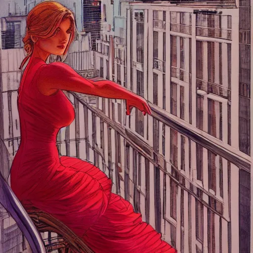 Image similar to a beautiful artwork of a woman in red dress sitting on the balcony of a hotel at night, top view, by Jerome Opeña, featured on artstation