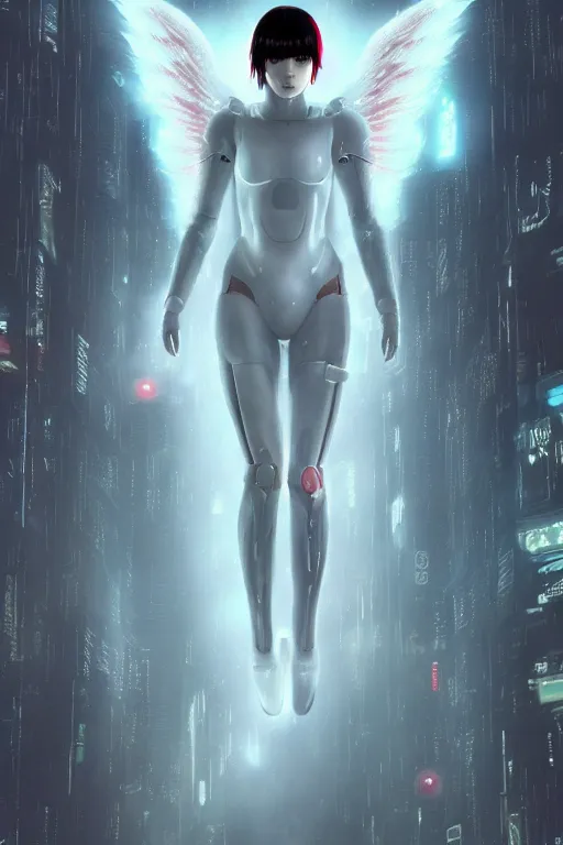 Image similar to white arc-angel with mystic robotic wings, blade runner, akira with red hair, ghost in the shell, 2077, ultra detailed, digital art, 8k ,character ,realistic, portrait, hyperrealistic