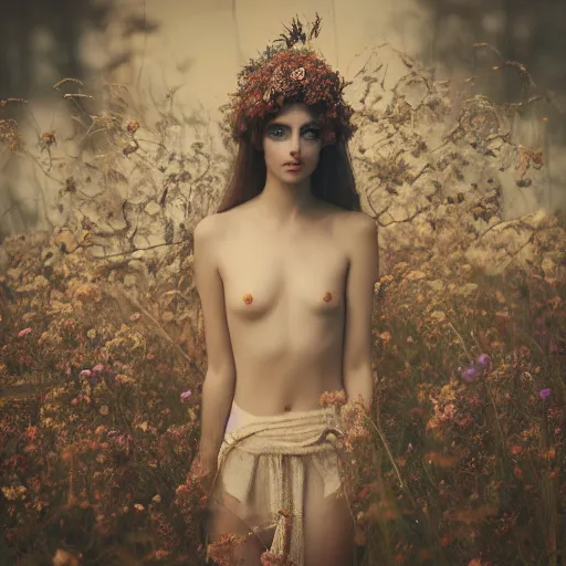 Image similar to fine art photo of the beauty goddess yael shelbia, she has a crown of dried flowers, by oleg oprisco