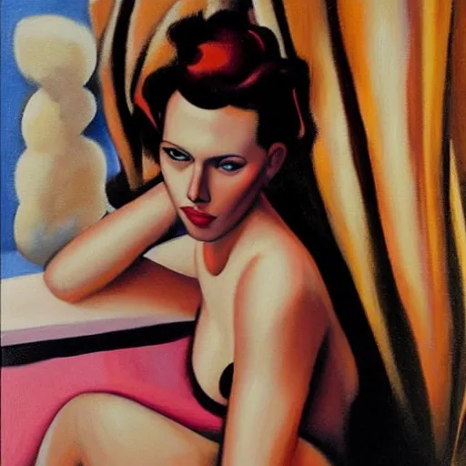 Prompt: painting of Scarlett Johansson bathing, style of Tamara de Lempicka