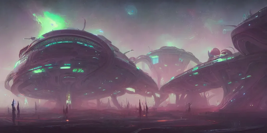 Image similar to alien space station, concept art by pete mohrbacher and artgerm and wlop and greg rutkowski, digital art, highly detailed, intricate, sci-fi, neon colors, sharp focus, Trending on Artstation HQ, deviantart, unreal engine 5, 4K UHD image