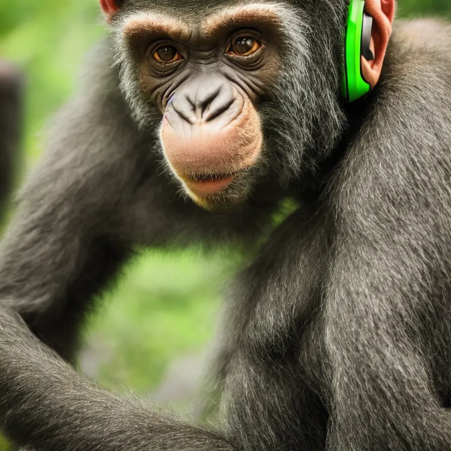 Image similar to a high quality photo of a green chimp wearing headphones, realism, 8k