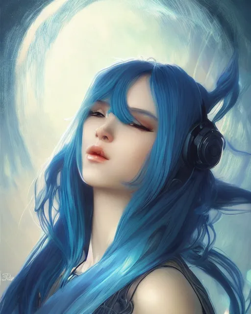 Image similar to stunningly beautiful female blue hair, dj sura, dj geadset, fantasy art, dark light night, sharp focus, digital painting, 8 k, concept art, art by wlop, artgerm, greg rutkowski and alphonse mucha