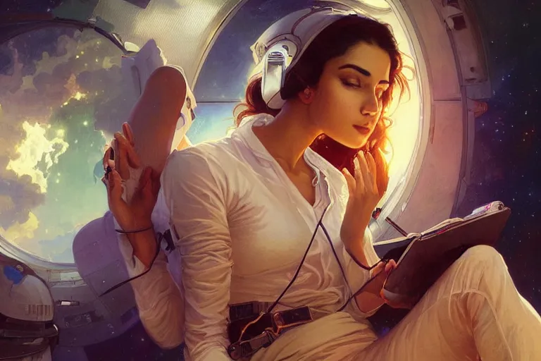 Image similar to Sensuous good looking pale young Indian doctors wearing jeans in a space station above Earth, portrait, elegant, intricate, digital painting, artstation, concept art, smooth, sharp focus, illustration, art by artgerm and greg rutkowski and alphonse mucha