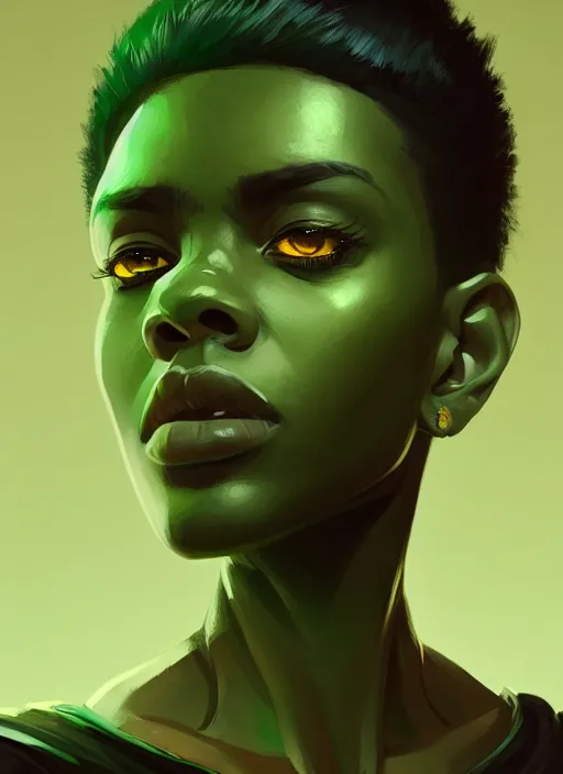 Image similar to photographic portrait of an handsome young black woman with a mohican haircut and green eyes in a back hoodie, flat lighting, elegant, highly detailed, digital painting, artstation, concept art, sharp focus, star wars, illustration, art by bayard wu, by wlop, by ross tran