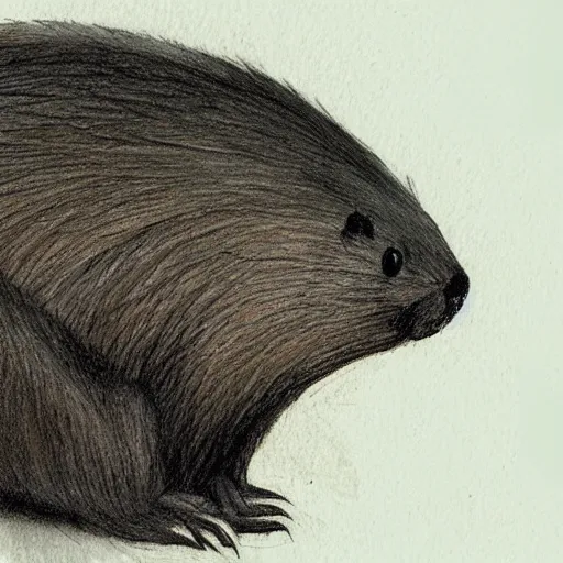 Image similar to a beaver in profile, big tail, fluffy fur drawn concept art