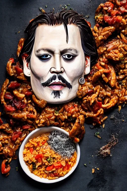 Image similar to johnny depp made out of jambalaya, a human face made out of a bowl of jambalaya, professional food photography