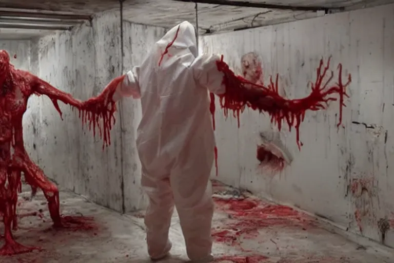 A Man In A Hazmat Suit Looks On Helplessly As A Huge Stable Diffusion