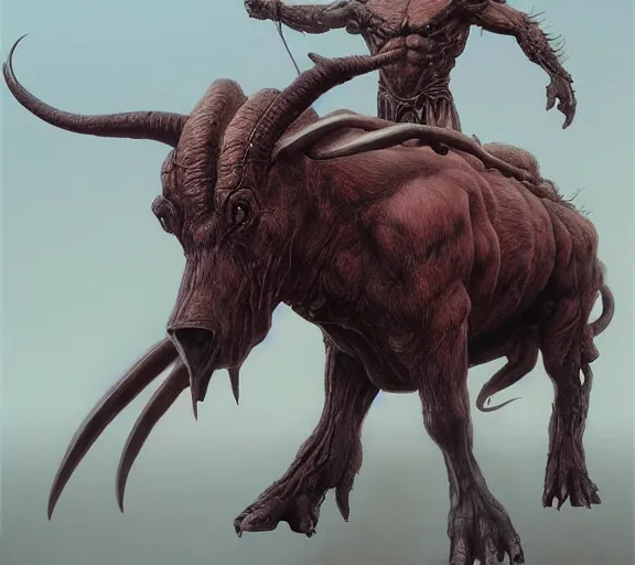 Image similar to minotaur concept, full body concept, beksinski, wayne barlowe, adrian smith fantasy art, the hobbit art, lord of the ring art, the witcher concept art, trending on artstation, game of throne art