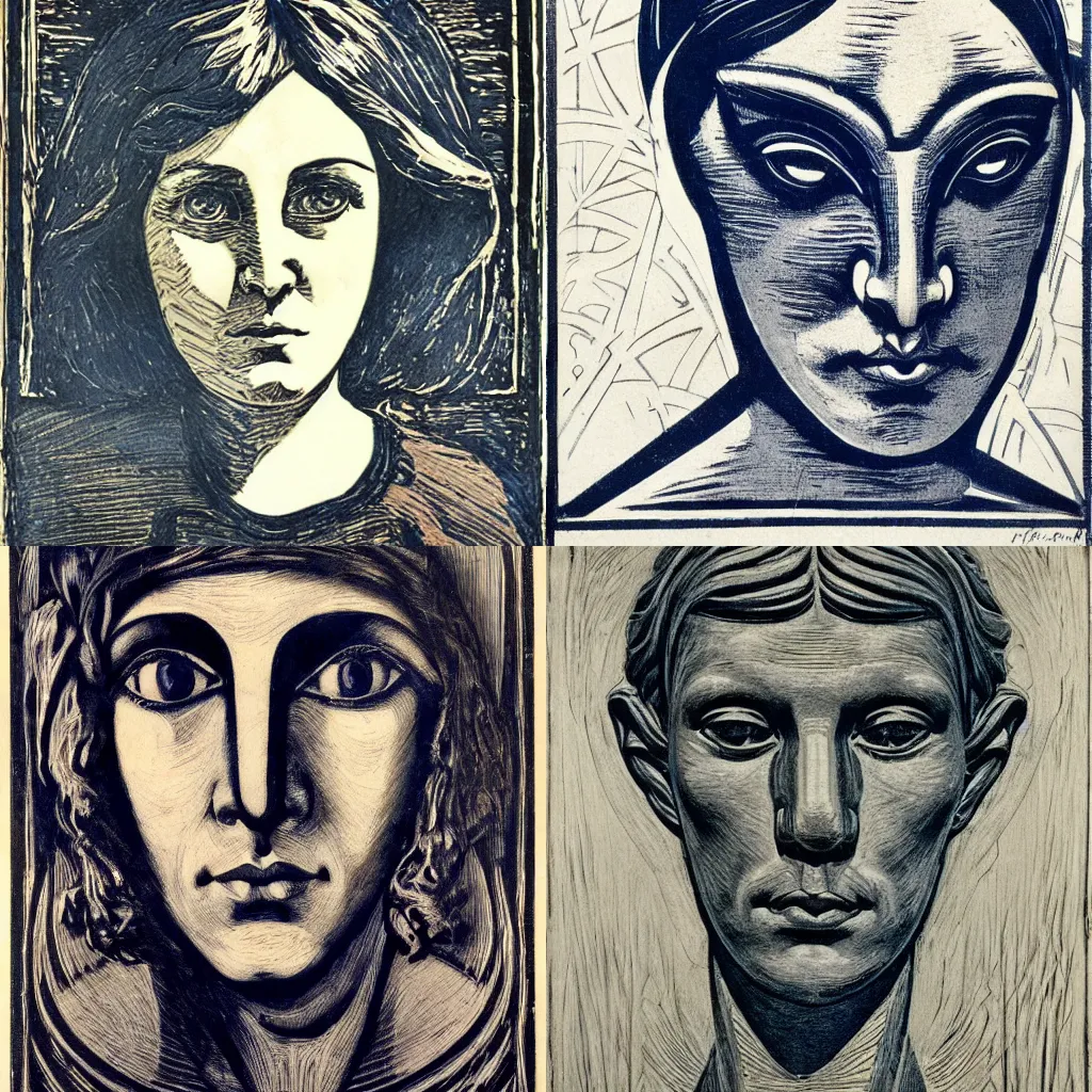 Prompt: portrait, realism, woodcut, art nouveau ( 1 9 2 2 ), big nose, wide eyes, pyrrol scarlet, titanium white, phthalo blue, stathmore 4 0 0, 3 5 mm, f 3 2, grisaille, luminous
