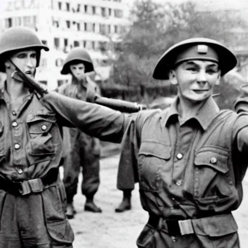 Image similar to World War 2 photo of soldiers fighting with finger guns