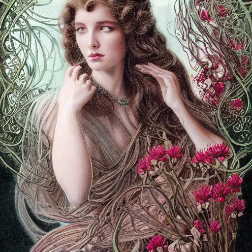 Image similar to facial portrait of a young pretty woman in flowing dress, arrogant, mysterious, long fine flowing hair, delicate, looking at camera, slightly awkward smile, realistic face, hands behind back, intricate, stylish, elegant, grimdark fantasy, flowers, art nouveau, extremely detailed painting inspired by Gerald Brom and Ernst Haeckel and Greg Rutkowski