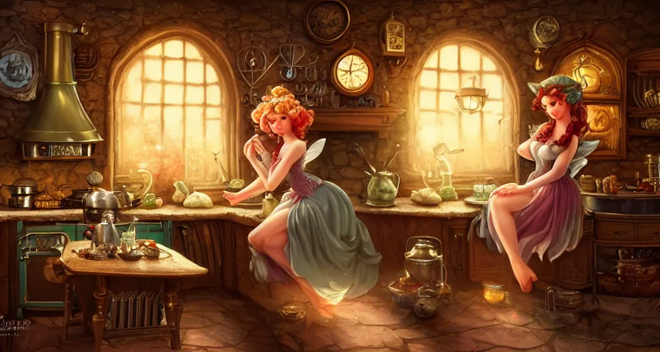 Image similar to a close - up of a fairy in a vintage magical kitchen, with a fireplace in the background d & d, fantasy, intricate, elegant, highly detailed, digital painting, artstation, concept art, smooth, sharp focus, illustration