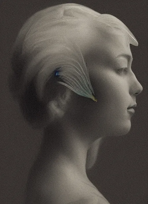 Image similar to a woman's face in profile, looking up, made of exotic transparent feathers, in the style of the Dutch masters and Gregory Crewdson, dark and moody