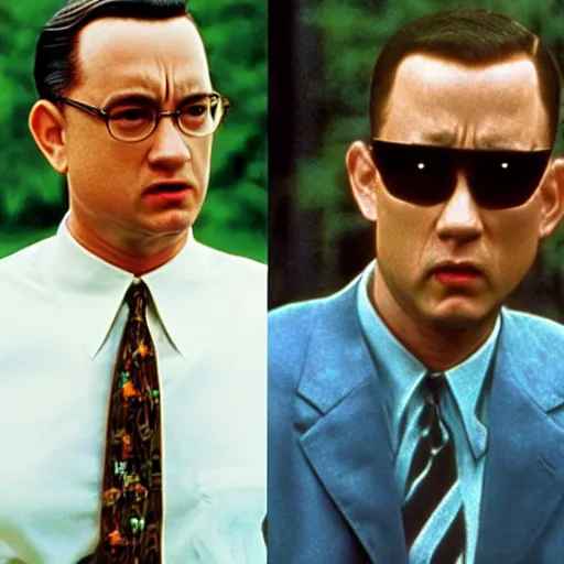 Image similar to Forrest Gump in The Matrix, live action movies, rtx on, stunning visuals, movie parodies, tom hanks as Neo