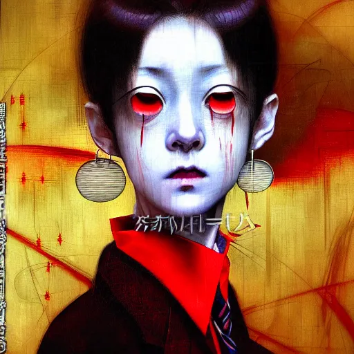 Image similar to yoshitaka amano blurred and dreamy realistic three quarter angle horror portrait of a sinister young woman with short hair, big earrings and red eyes wearing office suit with tie, junji ito abstract patterns in the background, satoshi kon anime, noisy film grain effect, highly detailed, renaissance oil painting, weird portrait angle, blurred lost edges