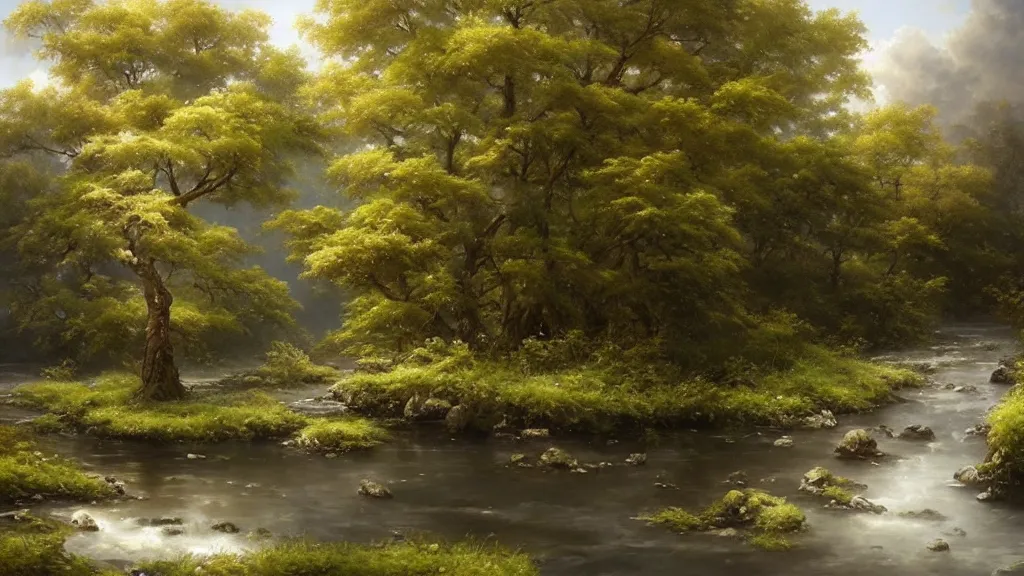 Image similar to A beautiful, highly detailed, very realistic oil painting of a single cloud tree with lots of cloud shaped leaves, next to a small crystal clear river, oil painting by Greg Rutkowski.