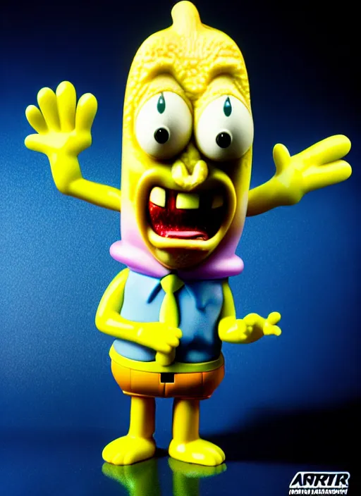 Prompt: hyperrealistic rendering, fat smooth john carpenter flesh monster spongebob by art of skinner and richard corben and jeff easley, product photography, action figure, sofubi, studio lighting, colored gels, colored background