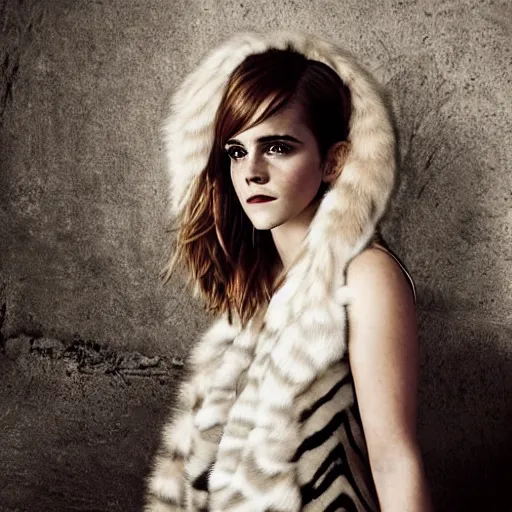 Prompt: portrait photograph of emma watson with tiger fur