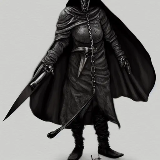 Image similar to female plague doctor donning a black hood, steel knightly armor and a white crow mask, trending on artstation