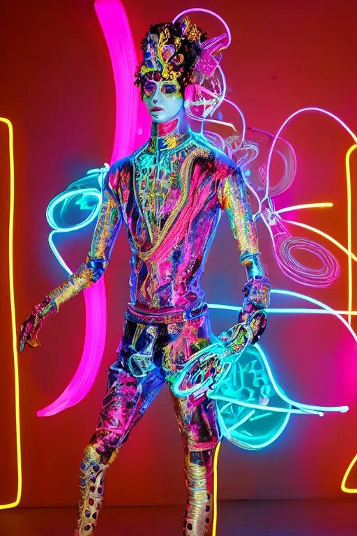 Image similar to full-body neon porcelain baroque tron style sculpture of four young royal dancers Kazaky as a high-fashion half-robot wearing retro shades with a porcelain body with an opening exposing a corrupted battery leaking blue glowing radioactive liquid, electric sparks, glowing violet laser beam eyes, crown of giant rubies, flowing pink and orange neon-colored glitched silk, luminescent fabrics, mechanical raptors. baroque and steampunk elements. full-length view. baroque element. intricate artwork by caravaggio. Very very very very highly detailed epic photo of face. Trending on artstation, octane render, cinematic lighting from the right, hyper realism, octane render, 8k, depth of field, 3D