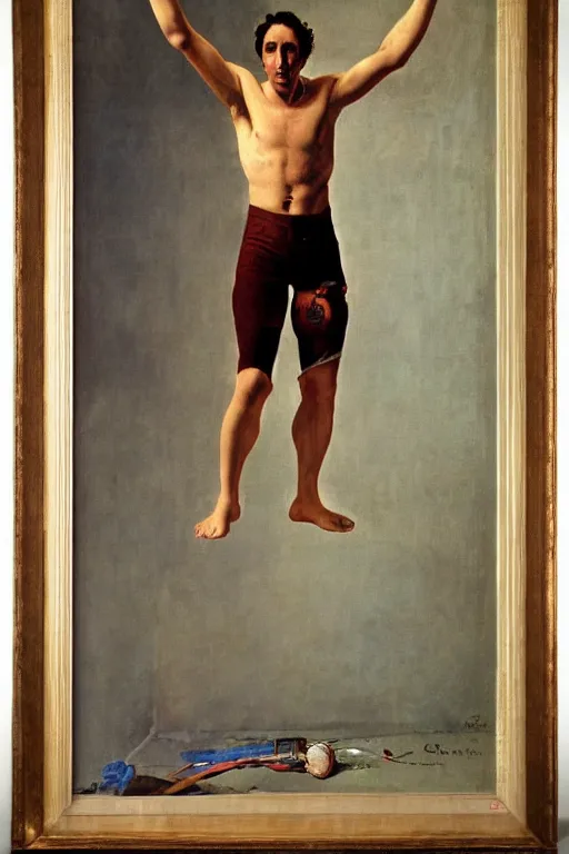 Image similar to body portrait of Justin Trudeau posing as a wrestler, colour painting by norman rockwell, guidi prime background by carl spitzweg