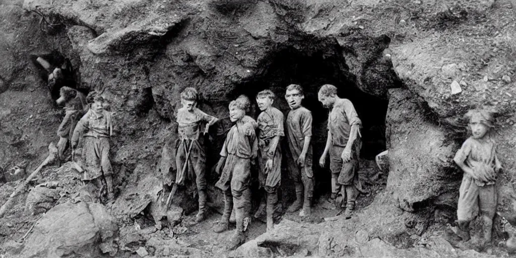 Image similar to explorers looking fearful as something emerges from a dark cave, 1 9 0 0 s photograph